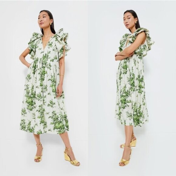 Tuckernuck NEW Limelight Bouquet Mariana Ruffle Formal Green Midi Dress Size S - Picture 2 of 11